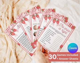 Strawberry Baby Shower Games Bundle, 30 Printable Games (Editable in Canva, Digital Download)