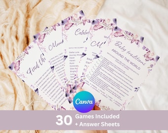 Butterfly Baby Shower Games Bundle, Editable Templates, Digital download