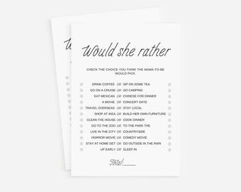 Baby shower games, Would she rather, Editable Game card, Digital download