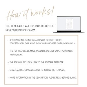 May include: A digital product guide with the text "How it works!" and instructions for using templates in Canva. A laptop displays a template. The guide explains how to access the template after purchase, and create a free Canva account.