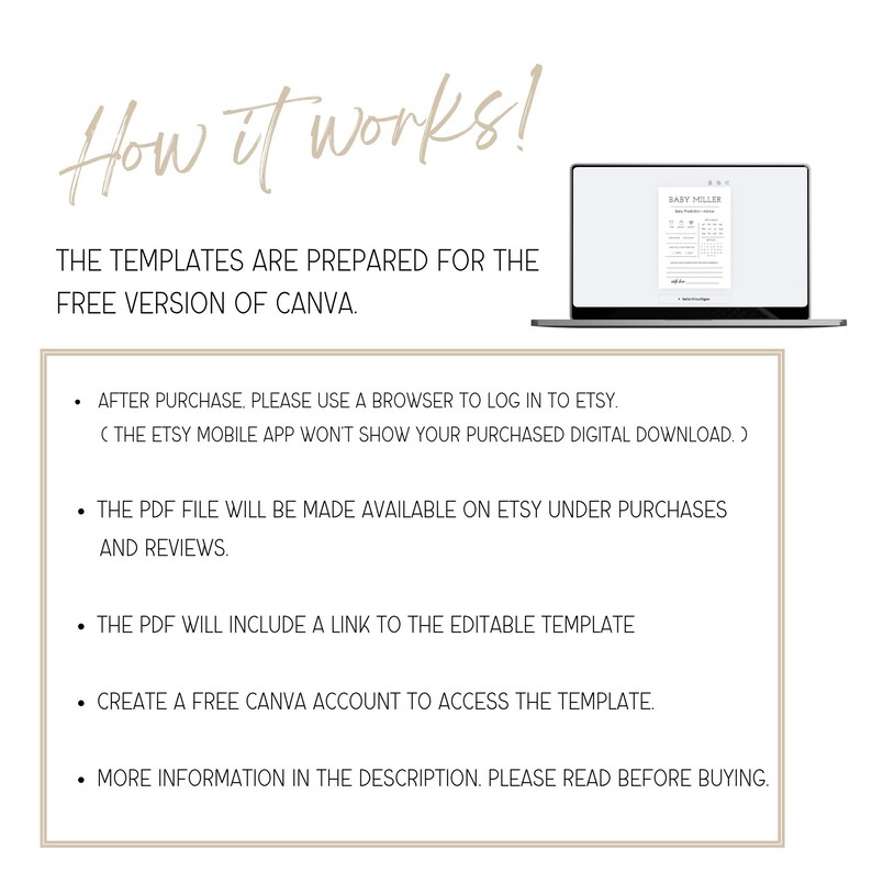May include: A digital product guide with the text "How it works!" and instructions for using templates in Canva. A laptop displays a template. The guide explains how to access the template after purchase, and create a free Canva account.