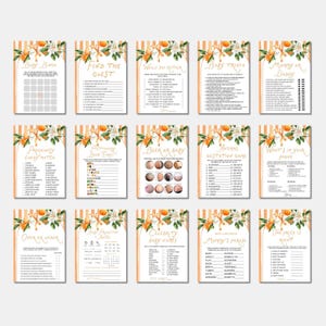 May include: A collection of baby shower game cards with orange and white floral designs. Each card features a different game, such as "Baby Bingo," "Find the Guest," and "Baby Trivia." The cards have a vertical striped background.