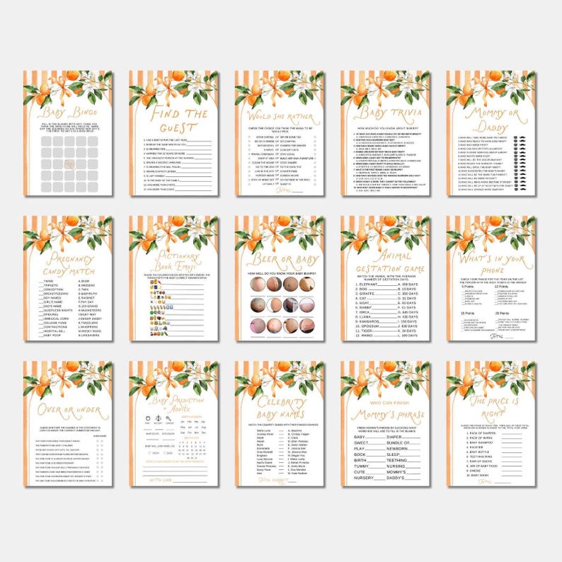 May include: A collection of baby shower game cards with orange and white floral designs. Each card features a different game, such as "Baby Bingo," "Find the Guest," and "Baby Trivia." The cards have a vertical striped background.