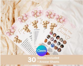 Pink Teddy Bear Baby Shower Games Bundle-Girl Balloon Teddy Bear Baby Shower Theme Bundle-Editable with Canva-30 Games Included