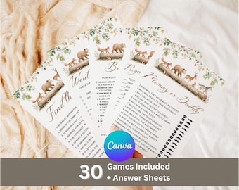 Woodland Baby Shower Games, Printable and Editable Baby Shower Bundle, Editable in Canva