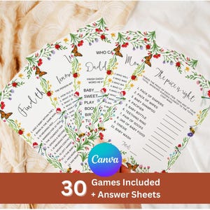 Puede incluir: Tarjetas de juegos para baby shower con diseños florales y mariposas. Las tarjetas incluyen juegos como "Encuentra a la persona" y "El precio es correcto". La imagen también incluye el texto "30 juegos incluidos + hojas de respuestas."