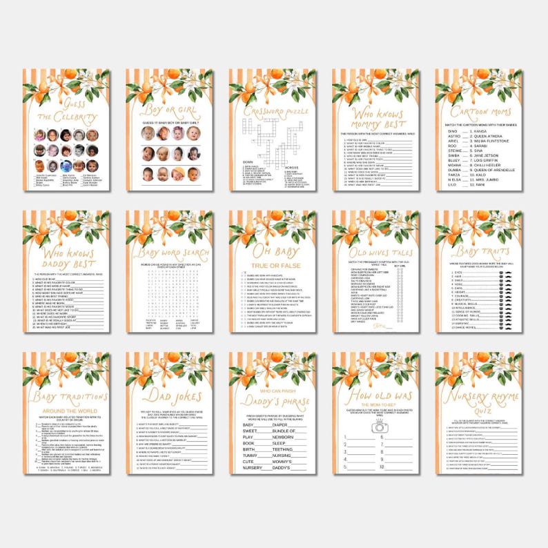 May include: A collection of baby shower game cards with orange and white floral designs. Each card features a different game, including "Guess the Celebrity," "Baby Word Search," and "Daddy's Phrase." The cards have a vertical striped background.