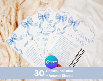 Blue Bow Baby Shower Games Bundle, Boy Baby Shower Theme, Digital download