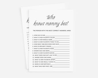 Baby shower games, Who knows mommy best, Editable Game card, Digital download