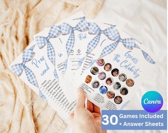 Paquete de juegos para baby shower con lazo azul (descarga digital)