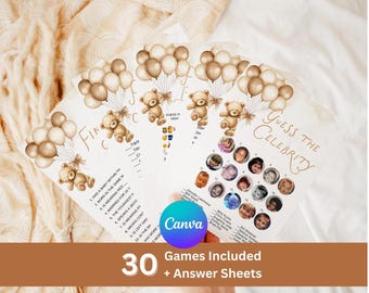 Beige neutral Teddy Bear Baby Shower Games Bundle-Cant Bearly Wait Shower Theme Bundle-Gender neutral Shower Theme-Editable with Canva