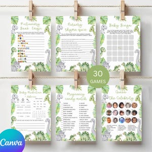 Può includere: Sei carte da gioco per baby shower a tema dinosauri con illustrazioni ad acquerello di dinosauri e foglie tropicali. Le carte includono i giochi Pictionary Book Emoji, Nursery Rhyme Quiz, Baby Bingo, Baby Prediction, Pregnancy Candy Match e Guess the Celebrity, con un badge circolare che riporta la scritta 30 GAMES.