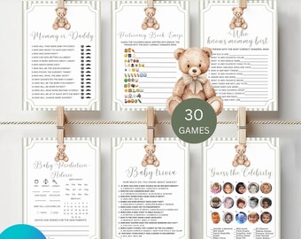 Teddy Bear Baby Shower Bundle, Bearly Wait Baby Shower Games Bundle, Editable and Printable with Canva, We can Bearly Wait Theme, Sage Green