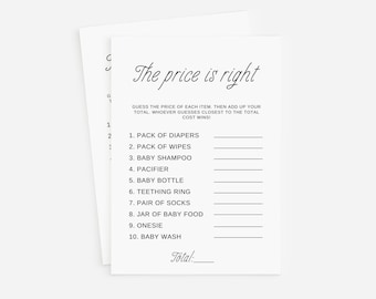 Baby shower games, The price is right, Editable Game card, Digital download