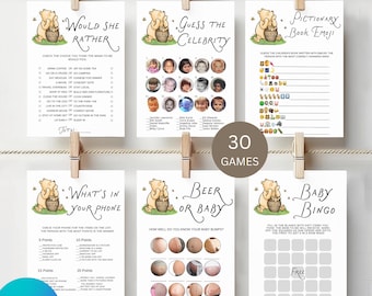 Classic Winnie-the-Pooh Baby Shower Bundle, Baby Shower Editable Game Templates, Printable Games, Digital download