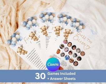 Blue Teddy Bear Baby Shower Games Bundle-We Cant Bearly Wait Baby Shower Boy Theme-Editable with Canva-30 Games Included