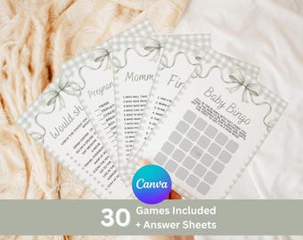 Sage Green Baby Shower Games Bundle, Editable Canva Templates (Digital Download)