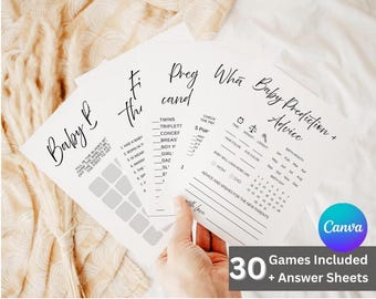 Minimalist Baby Shower Bundle-Modern and Simple Baby Shower Games-Editable in Canva-30 Games Included