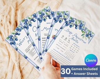 Blueberry Baby Shower Games Bundle: 30 Printable Games (Canva Editable, Digital Download)