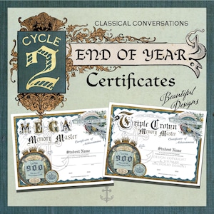 May include: Two certificates with ornate borders and the text "MEGA Memory Master" and "Triple Crown Memory Master". The certificates are for "End of Year" and feature the text "Over 900 Pieces of Information". The background is a light blue.