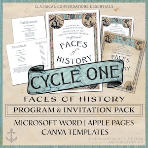 Peut inclure: Ensemble de documents éducatifs de style vintage intitulés "Faces of History". Le design comprend des programmes, des invitations et une bannière "Cycle One". Les documents sont pour le programme de langue anglaise et sont disponibles en modèles Microsoft Word, Apple Pages et Canva.