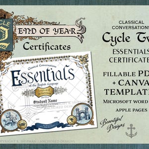 Può includere: Un'immagine con un design di certificato con il testo "Essentials of the English Language". Il design include bordi ornati, illustrazioni e le parole "Cycle Two" e "End of Year Certificates".