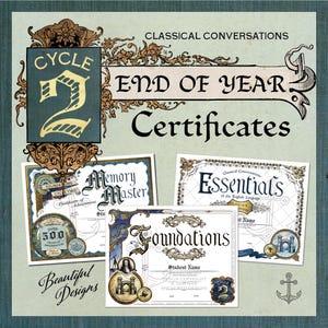 May include: An image featuring end-of-year certificates with ornate designs. The certificates include text such as "Memory Master," "Essentials," and "Foundations." The design incorporates floral elements and the text "Cycle 2."