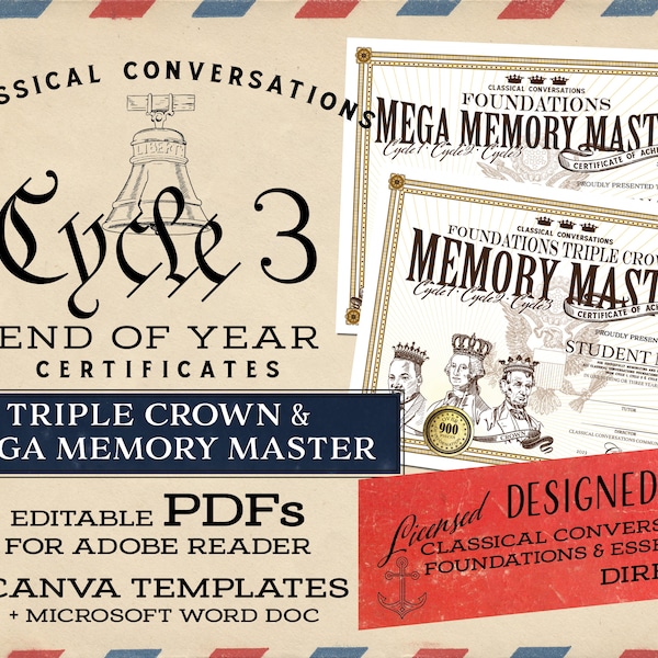 CC Cycle 3 EOY Triple Crown Certificate Pack| Mega Memory Master | Classical Conversations | End of Year Celebration | CC Digital Downloads