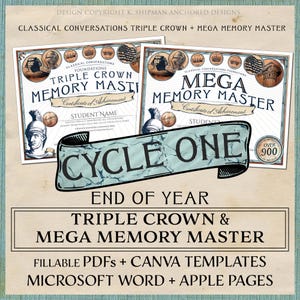 Op de afbeelding: Twee printbare certificaten voor de Triple Crown- en Mega Memory Master-prestaties. De certificaten hebben een ontwerp met een Romeinse soldaat en een Romeinse helm. De tekst op de certificaten luidt "Classical Conversations Foundations Triple Crown Memory Master" en "Classical Conversations Foundations Mega Memory Master". De certificaten zijn voor Cycle One en bevatten de tekst "Certificaat van prestatie" en "Naam van de leerling".