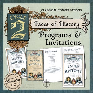 Può includere: Un set di inviti e programmi in stile vintage per "Faces of History". Il design include una grafica del Ciclo 2, i dettagli del programma e ritratti di personaggi storici. Il set presenta volute ornate e il testo "Programmi e Inviti."