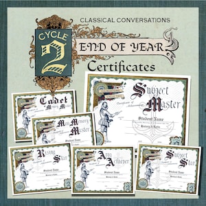 Peut inclure: Un ensemble de certificats de fin d'année avec des bordures ornées et des polices de style vintage. Les certificats comprennent des titres tels que "Subject Master", "Cadet Memory Master" et "Rising Star". La conception présente une illustration médiévale.