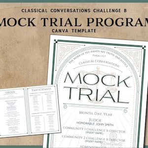 Può includere: Un modello Canva per un programma di simulazione di processo. Il design presenta il testo "MOCK TRIAL PROGRAM" in grassetto, con testo aggiuntivo tra cui "CLASSICAL CONVERSATIONS CHALLENGE B" e "CANVA TEMPLATE". Il design include una bilancia della giustizia.