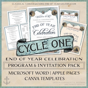 May include: A printable program and invitation pack for an end of year celebration. The design features a nautical theme with a blue and white color scheme. The text reads "Classical Conversations End of Year Celebration Cycle One".