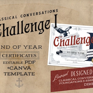 May include: A printable certificate template for Classical Conversations Challenge I. The certificate is designed with a red, white, and blue color scheme and features an eagle, the Capitol Building, and the text "Certificate of Achievement". The text "Classical Conversations Challenge I" is in a large, bold font. The template is editable and can be used to create certificates for students who have completed the Challenge I program.