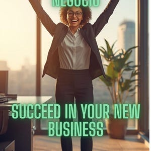 Puede incluir: Una mujer en traje de negocios con los brazos levantados, sonriendo. La imagen tiene texto que dice "TRIUNFAR EN TU NUEVO NEGOCIO" y "SUCCEED IN YOUR NEW BUSINESS". La parte inferior de la imagen tiene el texto "SIGILO - SIGIL - SPELL".