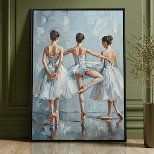 May include: Oil painting of three ballerinas in white tutus and pointe shoes, viewed from the back. The artwork features a textured, impressionistic style with a muted color palette of blues, whites, and flesh tones. The ballerinas are in various dance poses.