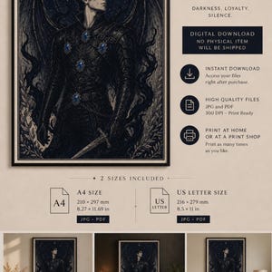 May include: Azriel ACOTAR inspired art print. The artwork features a dark-haired figure with large wings, adorned with blue jewels. The print includes the text "DARKNESS. LOYALTY. SILENCE." and is available in A4 and US Letter sizes.