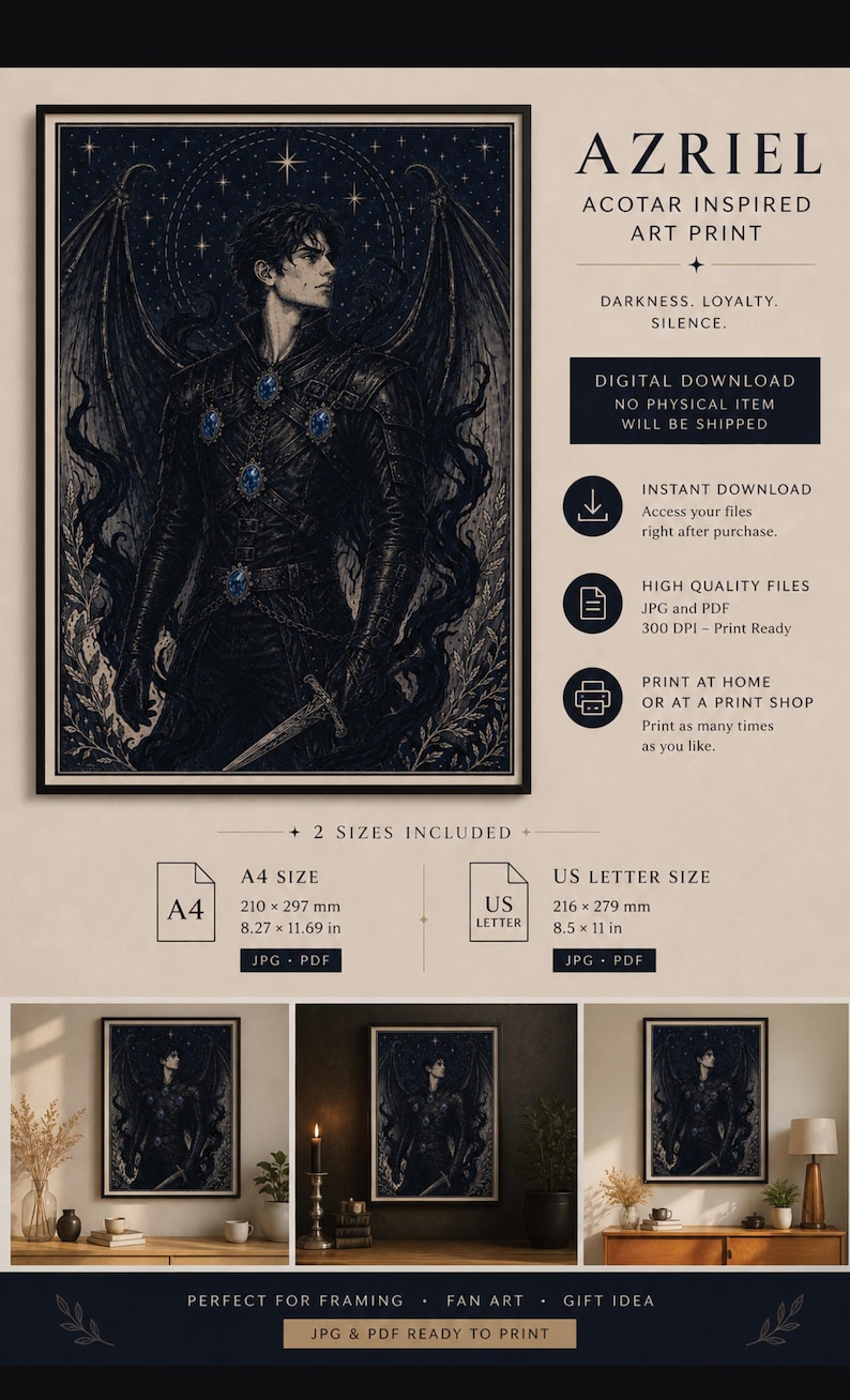 May include: Azriel ACOTAR inspired art print. The artwork features a dark-haired figure with large wings, adorned with blue jewels. The print includes the text "DARKNESS. LOYALTY. SILENCE." and is available in A4 and US Letter sizes.