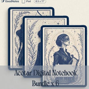 May include: A bundle of six digital notebooks, each with a unique illustration. The covers feature a woman with a mask and a harp, surrounded by celestial and floral designs. The notebooks are 21.59 x 27.94 cm.