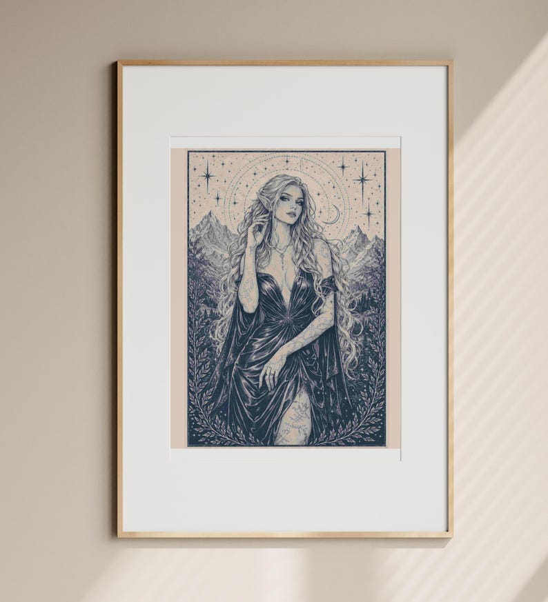 May include: Framed art print featuring a detailed illustration of a woman with long, flowing blonde hair and a dark dress. The artwork has a fantasy theme, with mountains and stars in the background. The print is in a wooden frame.