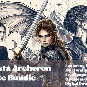 Peut inclure: Ensemble d'art numérique avec trois figures féminines fantastiques, avec des ailes, des épées et des oreilles d'elfe. Le texte "The Nesta Archeron Ultimate Bundle" est affiché en bas, avec une liste d'articles numériques.