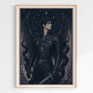 May include: A framed art print featuring a detailed illustration of a dark-haired figure with large wings, wearing a dark outfit adorned with blue gems. The artwork has a vintage, engraved style with a celestial background and a sword.