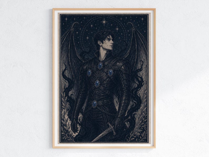 May include: A framed art print featuring a detailed illustration of a dark-haired figure with large wings, wearing a dark outfit adorned with blue gems. The artwork has a vintage, engraved style with a celestial background and a sword.