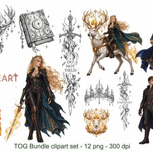 May include: A digital clipart bundle featuring fantasy illustrations including a deer head, a book, a sword with the text DO NOT YIELD, a person riding a white deer, a person with blue flames, a blonde warrior, a crown, and a person in a dark cloak.