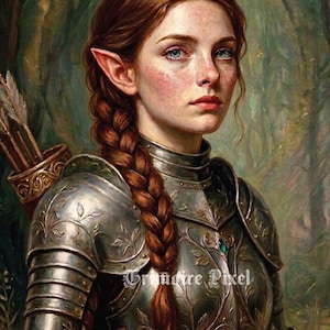 May include: An oil painting style portrait of an elf with auburn hair in a braid, wearing ornate silver plate armour with leaf engravings. A quiver with arrows is visible on the back. The text Grandire Pixel is printed on the chest plate.