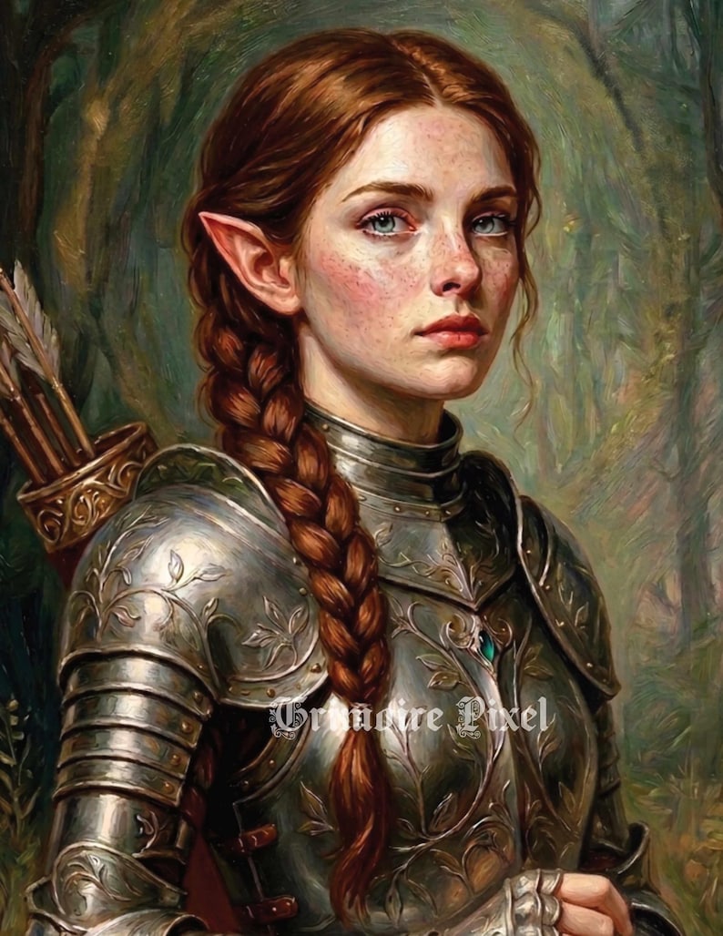 May include: An oil painting style portrait of an elf with auburn hair in a braid, wearing ornate silver plate armour with leaf engravings. A quiver with arrows is visible on the back. The text Grandire Pixel is printed on the chest plate.