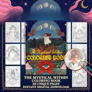 Può includere: Un libro da colorare intitolato "The Mystical Within Coloring Book" con 20 pagine uniche. La copertina presenta una ragazza in piedi su un orso, con farfalle, montagne e un design a fasi lunari. Sono visibili anche pagine da colorare e matite colorate aggiuntive.