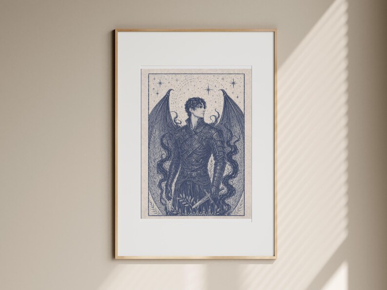 May include: Framed art print featuring a detailed illustration of a figure with large, stylized wings. The artwork is rendered in shades of blue and white, with a celestial background. The figure is holding a sword, and the print is in a gold frame.