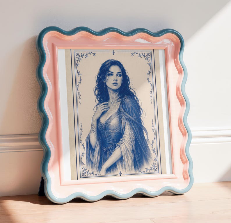 May include: A framed portrait of a woman with long dark hair, dressed in a flowing gown. The artwork is in shades of blue and beige, set within a pink and blue wavy-edged frame. The frame is propped up on a wooden surface.
