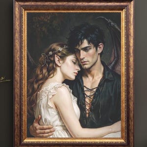 May include: A framed oil painting depicting a person with long wavy hair and pointed ears wearing a white dress, embracing a person with dark hair, pointed ears, and dark wings, who wears a black shirt with a lace-up front closure.
